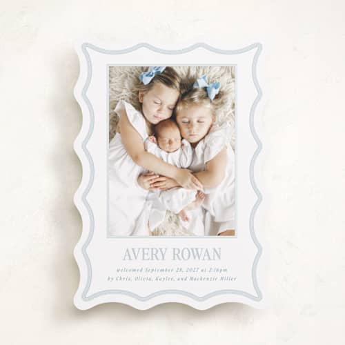 This is a powder birth announcements with standard by Jenna Holcomb called rickrack printing on recycled smooth signature in standard