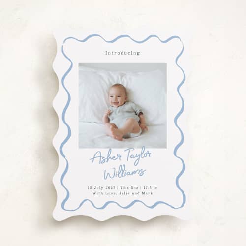 This is a dusty blue birth announcements with standard by Cass Loh called handdrawn wavy frame printing on recycled smooth signature in standard