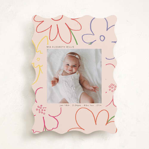 This is a blush birth announcements with standard by Morgan Kendall called spring flowers printing on recycled smooth signature in standard