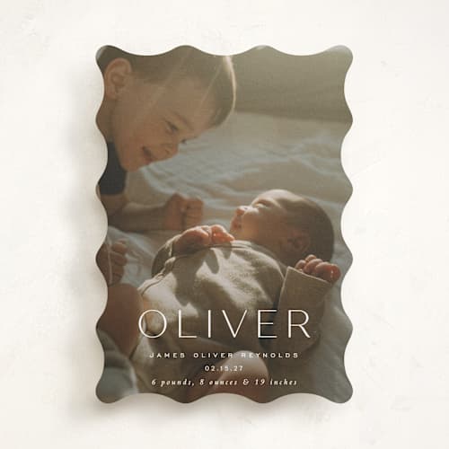 This is a dew birth announcements with standard by Sara Hicks Malone called moondance printing on recycled smooth signature in standard