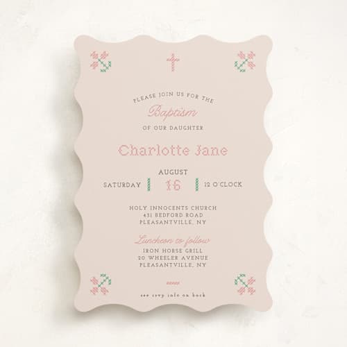 This is a peony baptism and christening announcements with standard by Annie Holmquist called cross stitched printing on signature in standard