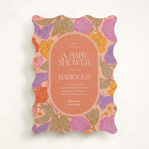 This is a peach baby shower invitations with standard by Simona Camp called vintage garden printing on signature in standard