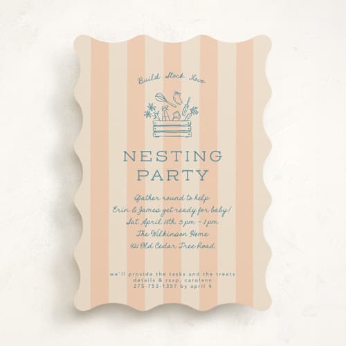 This is a peachy baby shower invitations with standard by Leia Matt called nesting toolbox printing on signature in standard