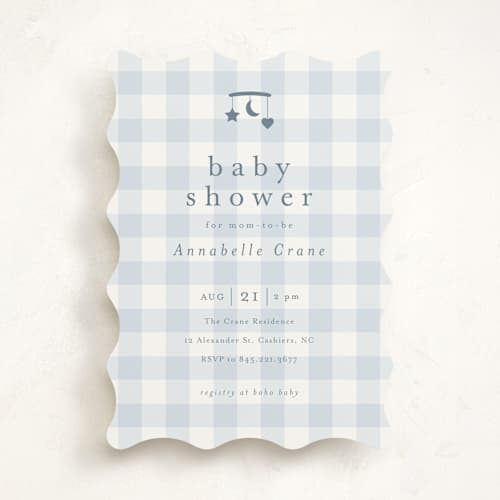 This is a baby blue baby shower invitations with standard by Stacey Meacham called gingham mobile printing on signature in standard