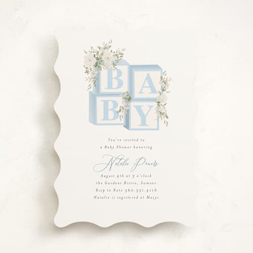 This is a baby blue baby shower invitations with standard by Itsy Belle Studio called botanical blocks printing on signature in standard