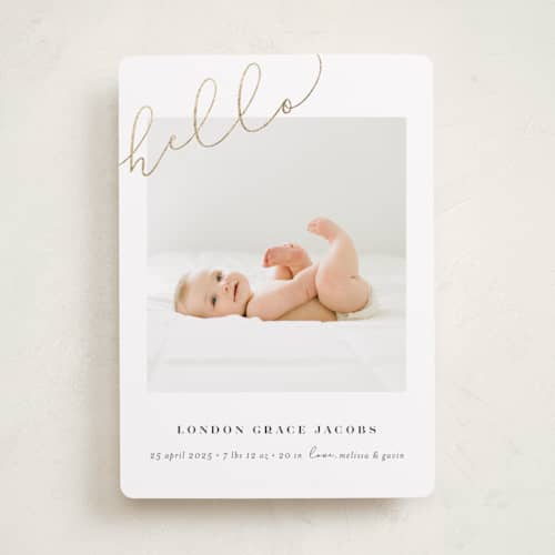 This is a warm grey foil stamped birth announcements with foil pressed by Shirley Lin Schneider called angled hello printing on recycled smooth signature in standard