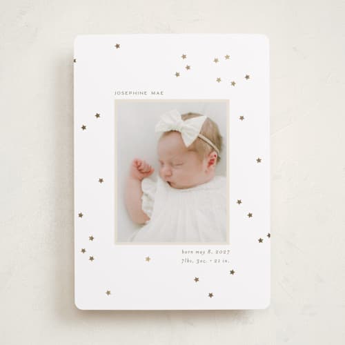 This is a north star foil stamped birth announcements with foil pressed by Ellen Schlegelmilch called twinkly stars printing on recycled smooth signature in standard