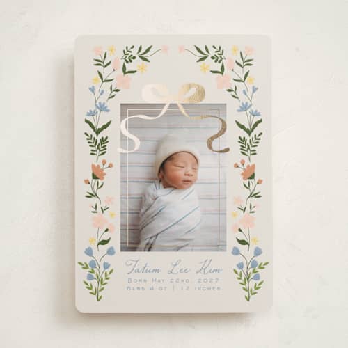 This is a soft linen foil stamped birth announcements with foil pressed by Tasha Meurer called garden lullaby dream printing on recycled smooth signature in standard