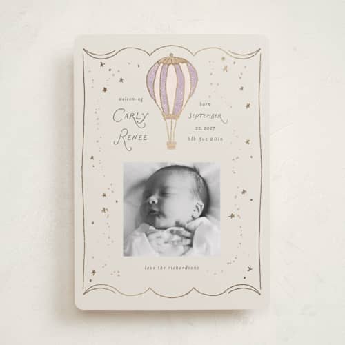 This is a lilac foil stamped birth announcements with foil pressed by Summer Winkelman called balloon whimsy printing on recycled smooth signature in standard