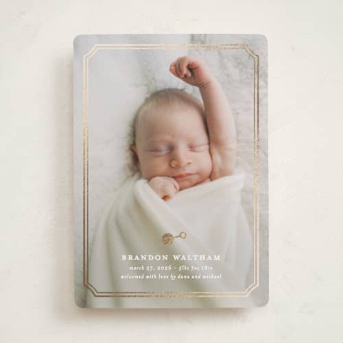 This is a snow foil stamped birth announcements with foil pressed by Creo Study called bevelled printing on recycled smooth signature in standard