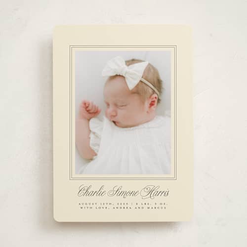 This is a creme birth announcements with standard by mo kelley called classical border printing on recycled smooth signature in standard