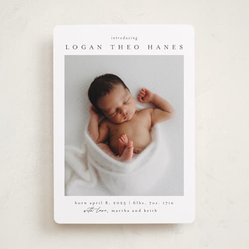 This is a sugar birth announcements with standard by Chris Griffith called frame of happiness printing on recycled smooth signature in standard