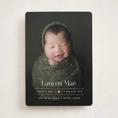 This is a blush birth announcements with standard by Pixel and Hank called heart printing on recycled smooth signature in standard