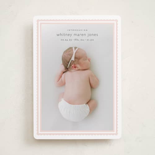 This is a baby blush birth announcements with standard by Carolyn MacLaren called scalloped border printing on recycled smooth signature in standard