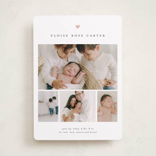 This is a rose birth announcements with standard by Stacey Meacham called our whole heart printing on recycled smooth signature in standard