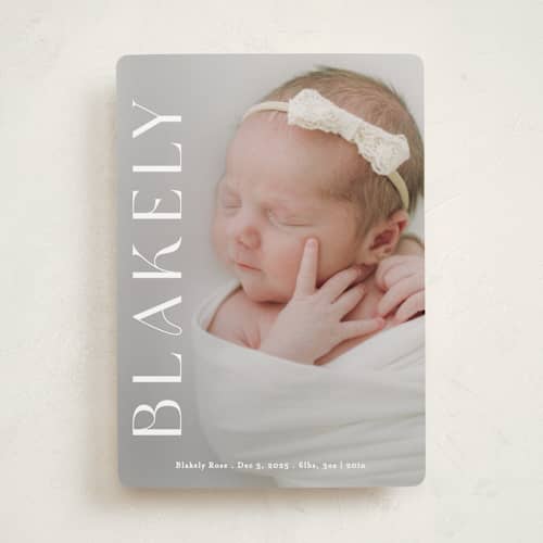 This is a cotton birth announcements with standard by Angela Thompson called close up printing on recycled smooth signature in standard