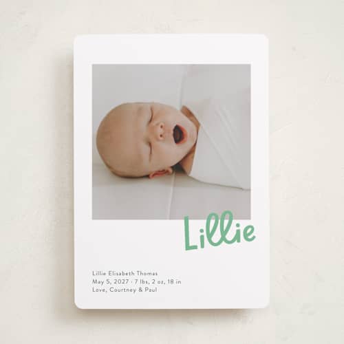 This is a clover birth announcements with standard by Megan Davis called jolly good printing on recycled smooth signature in standard
