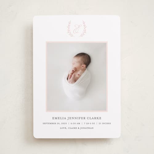This is a peony birth announcements with standard by Vanessa Doyle called monogram laurel printing on recycled smooth signature in standard