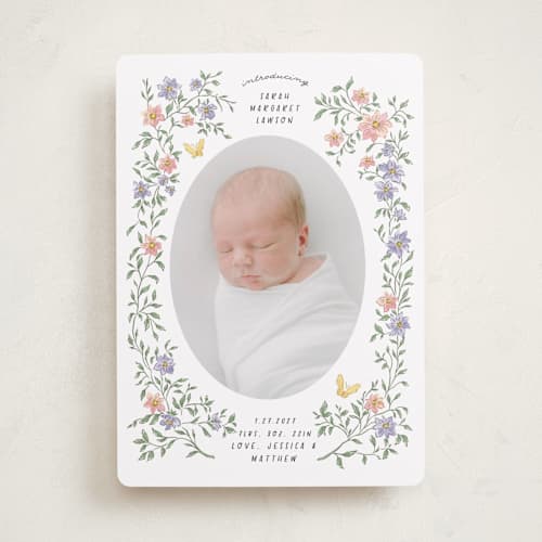 This is a garden birth announcements with standard by Grae called tiny flowers printing on recycled smooth signature in standard