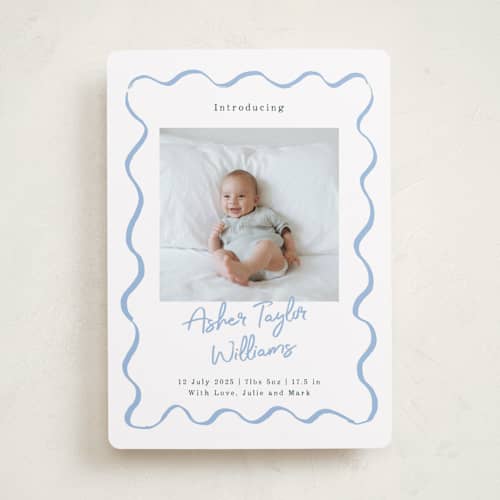 This is a dusty blue birth announcements with standard by Cass Loh called handdrawn wavy frame printing on recycled smooth signature in standard