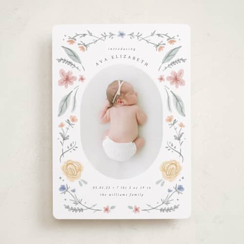 This is a meadow birth announcements with standard by Emily Sabol Goss called le jardin printing on recycled smooth signature in standard