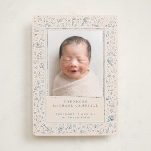 This is a bluebird birth announcements with standard by Creo Study called iconic bebe printing on recycled smooth signature in standard