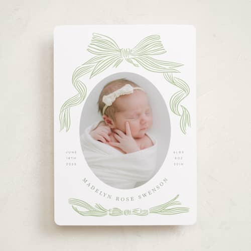 This is a mint birth announcements with standard by Stephanie Hawkes called ribbon bow frame printing on recycled smooth signature in standard
