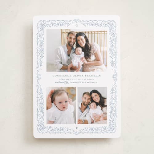 This is a powder birth announcements with standard by Paper Raven Co. called constance printing on recycled smooth signature in standard