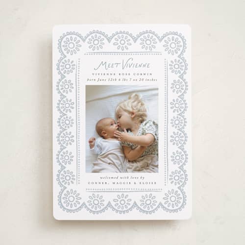 This is a cloud birth announcements with standard by Laura Hankins called handdrawn eyelet printing on recycled smooth signature in standard