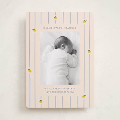 This is a carribean birth announcements with standard by Carolyn MacLaren called lemon stripes printing on recycled smooth signature in standard