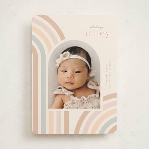 This is a taupe birth announcements with standard by Ashley Iwafuchi called mod rainbow arch printing on recycled smooth signature in standard