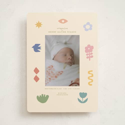 This is a confetti birth announcements with standard by Rina Ozum called scandi folk printing on recycled smooth signature in standard