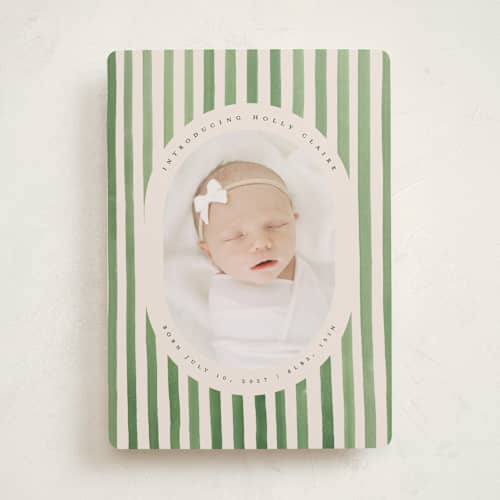 This is a candy apple birth announcements with standard by Teju Reval called vintage stripes printing on recycled smooth signature in standard