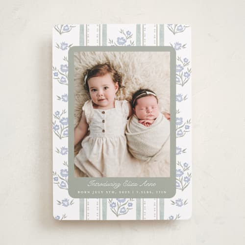 This is a periwinkle birth announcements with standard by Jackie Crawford called cottage watercolor ribbon printing on recycled smooth signature in standard