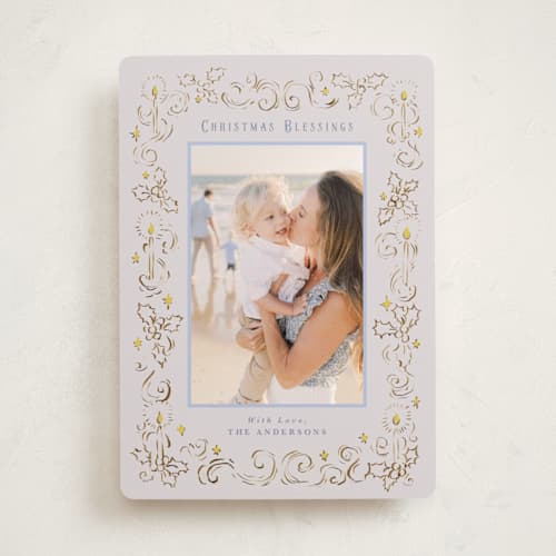 This is a champagne photo christmas cards with standard by Cass Loh called candlelight & holly printing on recycled smooth signature in standard
