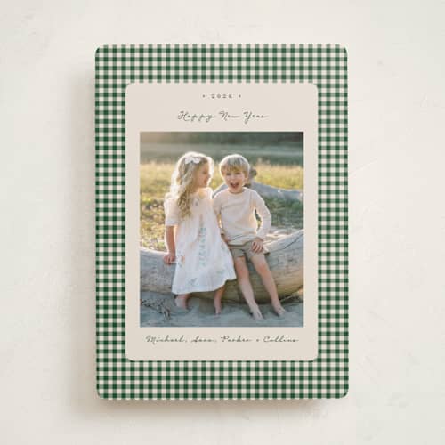 This is a fir photo christmas cards with standard by Emily Betts called gingham vintage printing on recycled smooth signature in standard