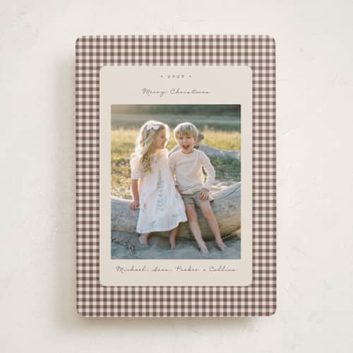 This is a gingerbread latte photo christmas cards with standard by Emily Betts called gingham vintage printing on recycled smooth signature in standard