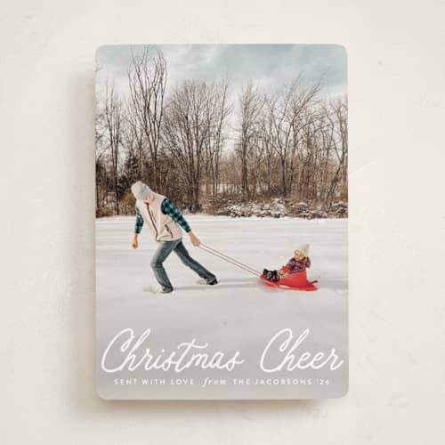 This is a snowfall photo christmas cards with standard by Karidy Walker called cheerful script printing on recycled smooth signature in standard