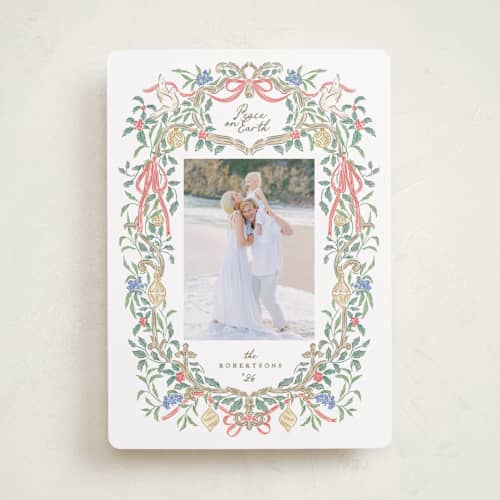 This is a cherry wood photo christmas cards with standard by Grae called a court of peace printing on recycled smooth signature in standard