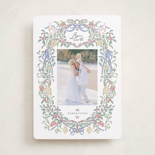 This is a mistletoe sky photo christmas cards with standard by Grae called a court of peace printing on recycled smooth signature in standard