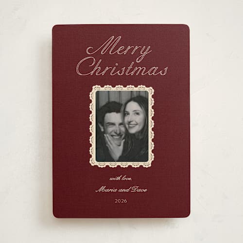 This is a mulled wine photo christmas cards with standard by Rina Ozum called vintage lace printing on recycled smooth signature in standard