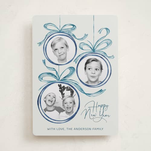 This is a snowball photo christmas cards with standard by Paper Sun Studio called baubles and bows printing on recycled smooth signature in standard