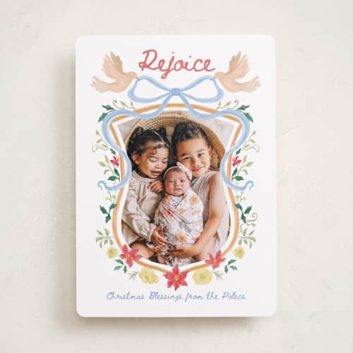 This is a misty photo christmas cards with standard by Kim Thoa called rejoice christmas crest printing on recycled smooth signature in standard