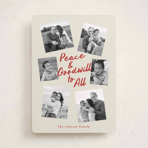 This is a berry photo christmas cards with standard by Louise Kay called peace and goodwill printing on recycled smooth signature in standard