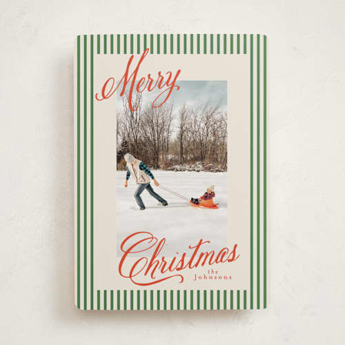 This is a forest photo christmas cards with standard by Karidy Walker called script and stripes printing on recycled smooth signature in standard