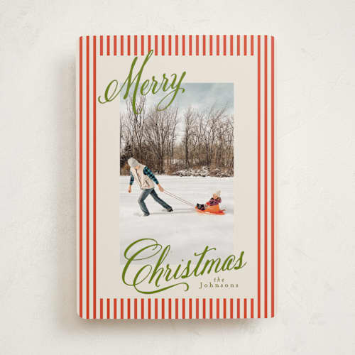 This is a stocking photo christmas cards with standard by Karidy Walker called script and stripes printing on recycled smooth signature in standard