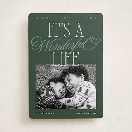 This is a forest photo christmas cards with standard by Jackie Crawford called wonderful life stack printing on recycled smooth signature in standard