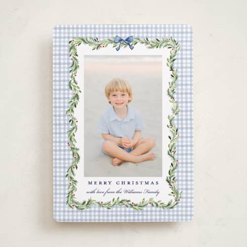 This is a chambray photo christmas cards with standard by Sarah Knight called gingham garland printing on recycled smooth signature in standard