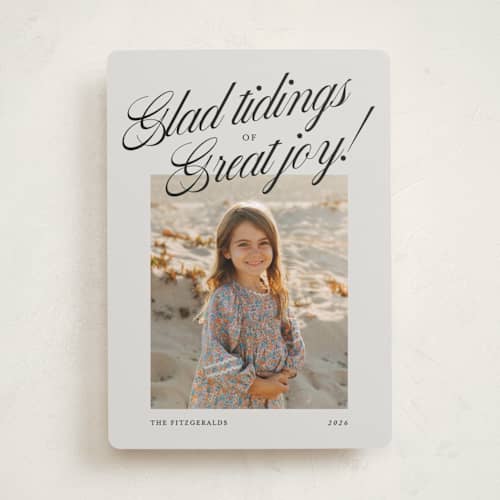 This is a coal photo christmas cards with standard by Jackie Crawford called modern scripted tidings printing on recycled smooth signature in standard