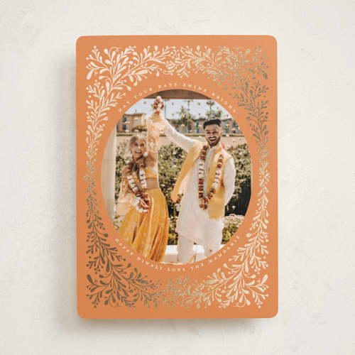 This is a tangerine diwali cards with foil pressed by Kamala Nahas called diwali botanical printing on recycled smooth signature in standard